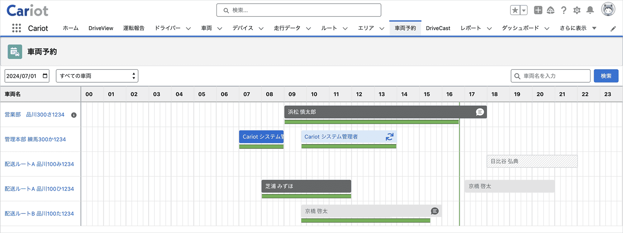 予約と走行実績を突き合わせる画面