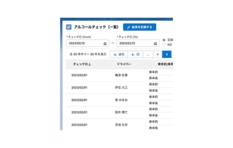 アルコールチェック・点呼の画面