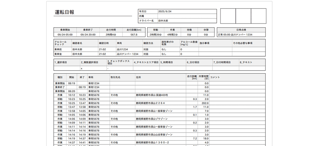 PDF帳票として出力した運転日報
